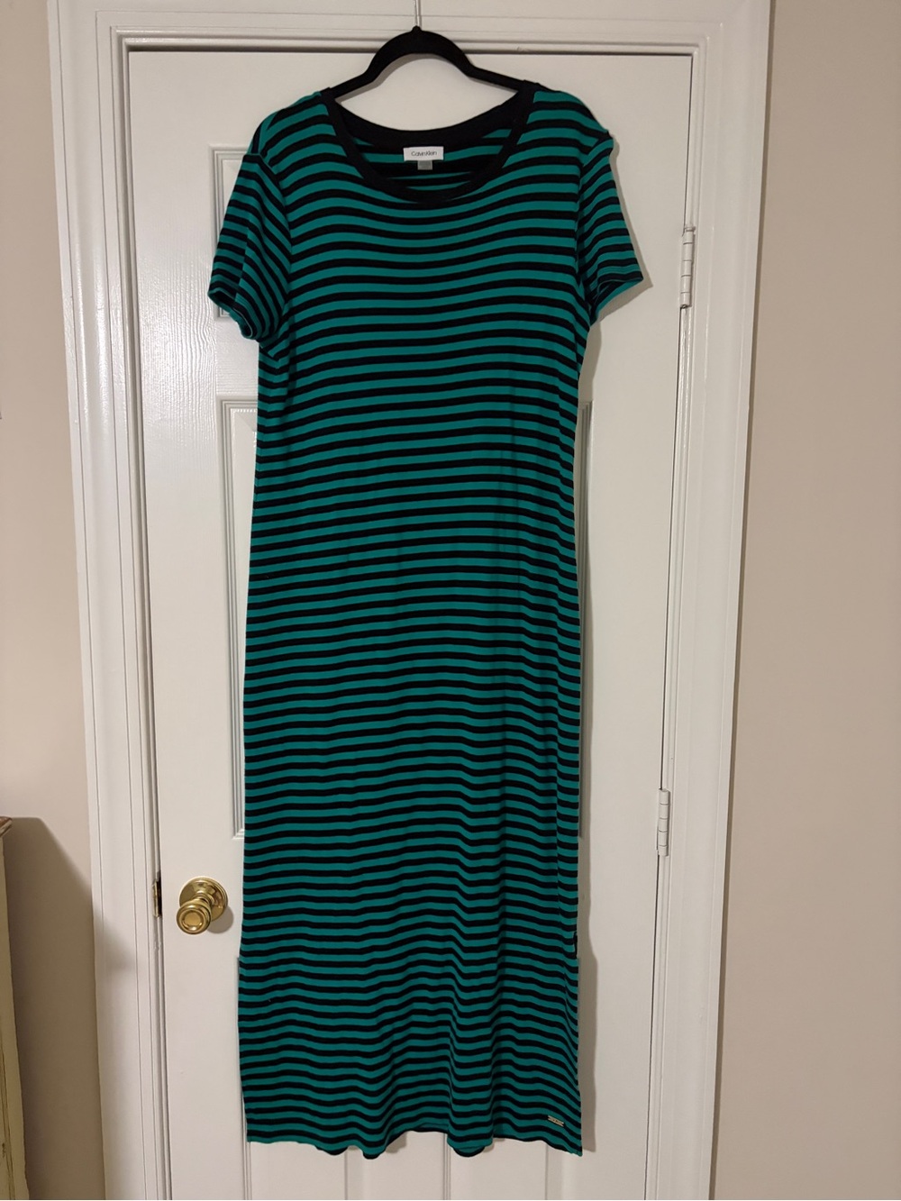 Calvin Klein Teal and Black Striped Short-Sleeve Maxi Dress